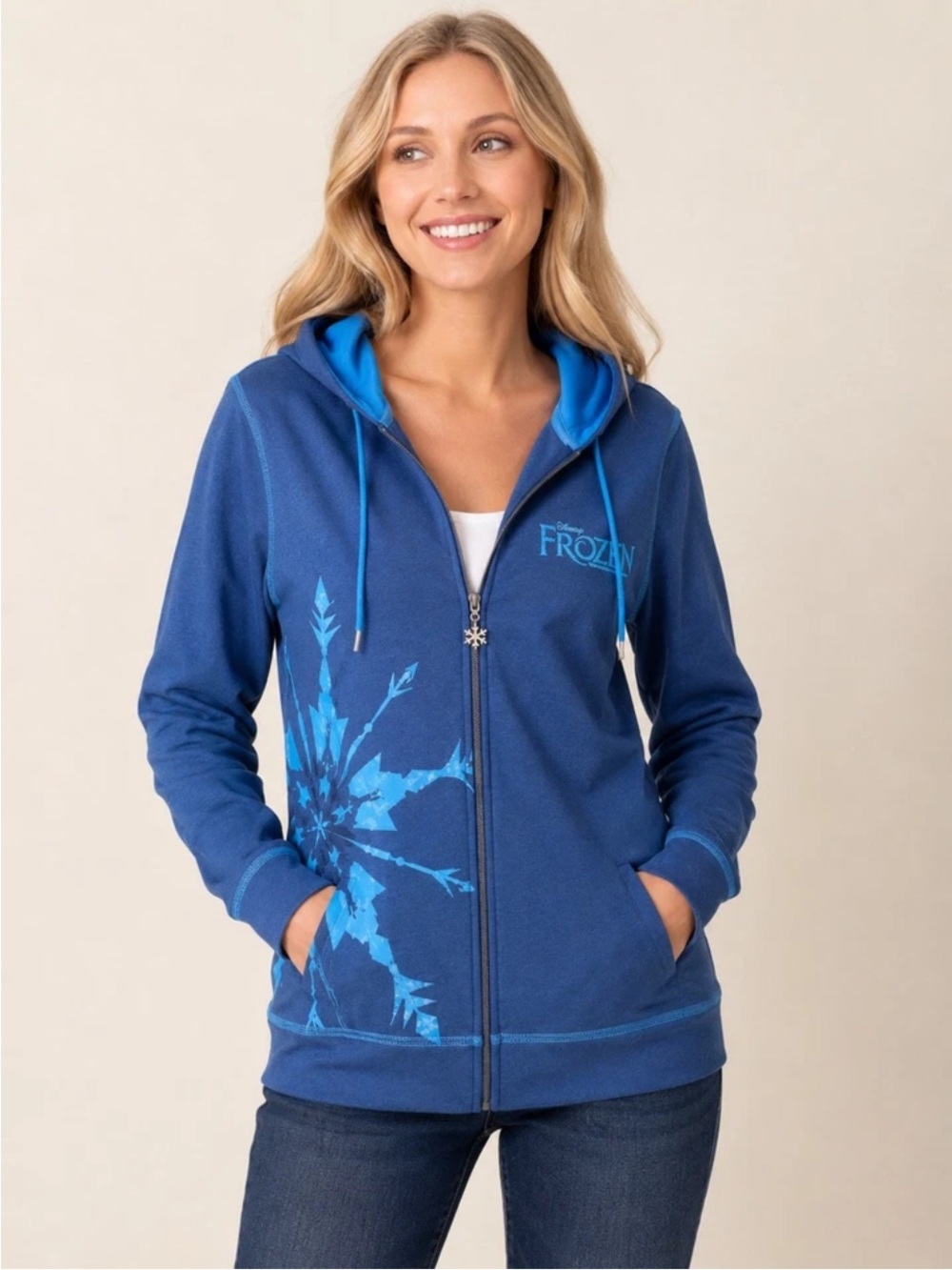 Disney Frozen Broadway Musical Full Zip Snowflake Elsa Blue Hoodie Size M